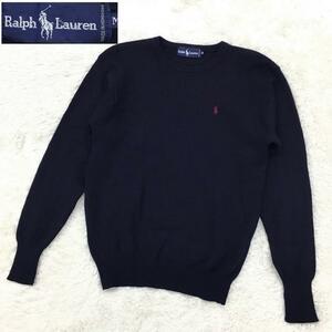 RALPH LAUREN ラルフローレン ニットセーター 丸首 長袖 刺繍ワンポイント ポニー ウール レディース サイズM 紺色 インパクト21