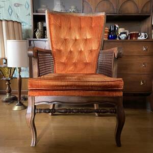 貴重！50's〜アメリカアンティーク　オレンジ色ハイバック木製チェア椅子(A)　USAヴィンテージ家具/70's西海岸ウエスタンインダストリアル