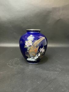 高松窯　コバルトブルー　花瓶　椿　鳳凰　藍色　和柄　陶器