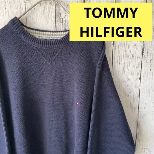 TOMMY HILFIGER ニット 肉厚 ネイビー ワンポイント 刺繍ロゴ ニットセーター