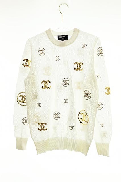 CHANEL スパンコール袖カシミヤニット ロゴプレート-