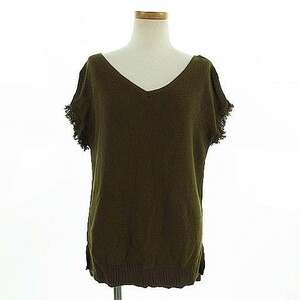  Rope ROPE knitted short sleeves fringe V neck khaki 38 lady's 