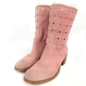  Language Language boots short boots suede leather punching Italy made pink 36 lady's 