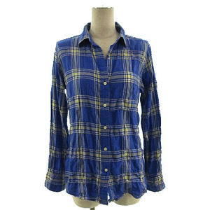  Ships SHIPS shirt flannel shirt long sleeve check pattern wrinkle processing aperture stop design stretch blue blue yellow 36 lady's 