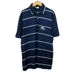 ロンシャン LONGCHAMP ポロシャツ ボーダー 刺繍 半袖 48 紺 ネイビー メンズ