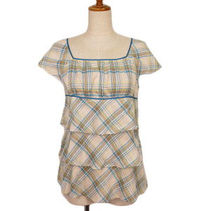  L planet ELLE PLANETE cut and sewn check square neck frill tia-do short sleeves 38 beige lady's 