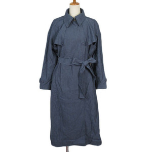  unused goods atsu low Taya maATSURO TAYAMA trench coat long ribbon linen.36 navy blue navy lady's 