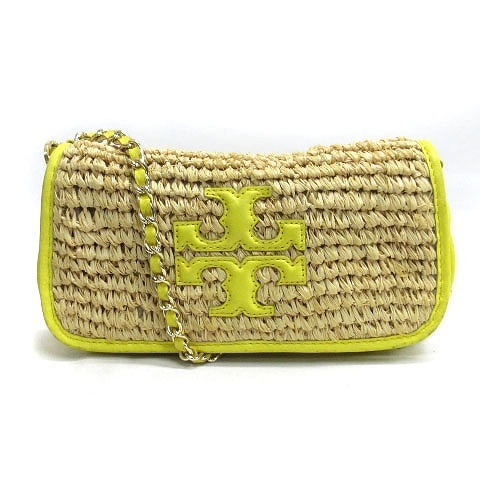 トリーバーチ TORY BURCH チェーン ショルダーバッグ ロゴ ストロー レザー ベージュ イエロー 鞄 レディース