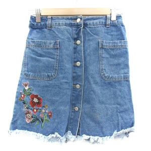  Nice Claup NICE CLAUP Denim skirt tight skirt button down skirt mini height fringe floral print embroidery F blue blue lady's 