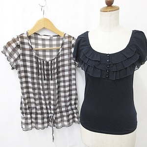  ef-de ef-de cut and sewn blouse 2 pieces set pull over short sleeves frill check race black white black white 9 lady's 