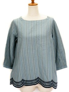  Eddie Bauer EDDIE BAUER cut and sewn blouse stripe embroidery 7 minute sleeve PXS blue blue lady's 