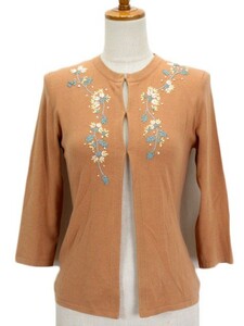  SunaUna Sunauna cardigan knitted embroidery motif 7 minute sleeve 38 tea Camel lady's 