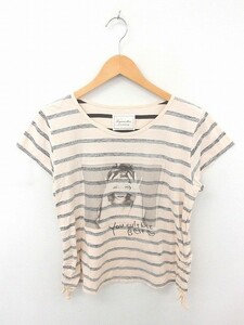 ラグナムーン LagunaMoon カットソー Tシャツ ボーダー プリント 丸首 綿 コットン 半袖 F 薄茶 黒 ライトベージュ ブラック /TT3