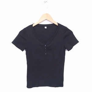 ユニクロ UNIQLO カットソー Tシャツ Vネック ハーフボタン 綿 コットン 半袖 S 黒 ブラック /TT24 レディース