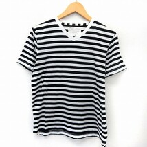 KMC DETAILS カットソー Tシャツ 半袖 ボーダー Vネック スリット M ブラック ホワイト /ST18 レディース_画像1