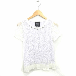 シンシアローリー CYNTHIA ROWLEY カットソー Tシャツ レース ビジュー 透け感 半袖 2 アイボリー パープル 紫 /TT34 レディース