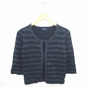  Rope ROPE cardigan knitted border lame spangled cotton cotton 7 minute sleeve M navy blue navy /TT31 lady's 