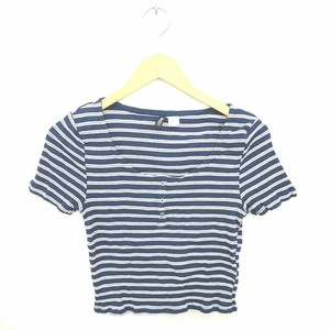 エイチ&エム H&M DIVIDED カットソー Tシャツ ボーダー ヘンリーネック 綿 半袖 M 紺 白 ネイビー ホワイト /TT42 レディース