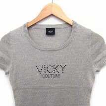 ビッキー VICKY ロゴ ラインストーン ニット セーター Uネック 半袖 ウール 2 グレー /FT32 レディース_画像4