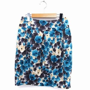  Ray Beams Ray Beams floral print tight skirt knee height tuck cotton .1 blue blue ivory white /FT34 lady's 
