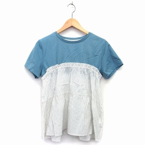  Be mingbai Beams B:MING LIFE STORE by BEAMS T-shirt cut and sewn ound-necked short sleeves cotton stripe pattern ONE blue green white /HT4 lady's 