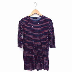 ji- vi -ji- vi -G.V.G.V border pattern tunic 7 minute sleeve ound-necked lip cotton .S navy navy blue /FT12 lady's 