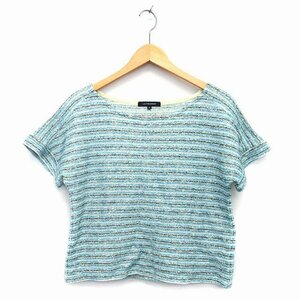 ロートレアモン LAUTREAMONT カットソー Tシャツ 丸首 半袖 ショート丈 綿混 ボーダー 柄 ラメ混 38 ライトブルー 青 /HT25 レディース