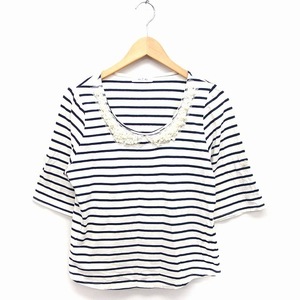 ルゥデルゥ Rew de Rew ボーダー カットソー Tシャツ 五分袖 Uネック フェイクパール装飾 綿 M アイボリー 白 /FT7 レディース