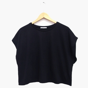 ザラ ZARA Tシャツ カットソー 丸首 半袖 ショート丈 総柄 M ブラック 黒 /HT8 レディース