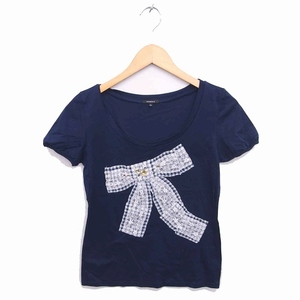  Fragile FRAGILE T-shirt cut and sewn ound-necked ribbon pattern race short sleeves 38 navy navy blue /TT5 lady's 
