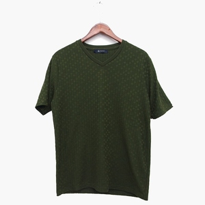 ナノユニバース nano universe Tシャツ カットソー 半袖 Vネック 総柄 リブ 綿混 厚手 L グリーン 緑 /HT23 メンズ