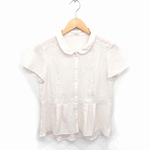  L ELLE shirt blouse round color race .. feeling short sleeves 38 light beige light brown /TT31 lady's 