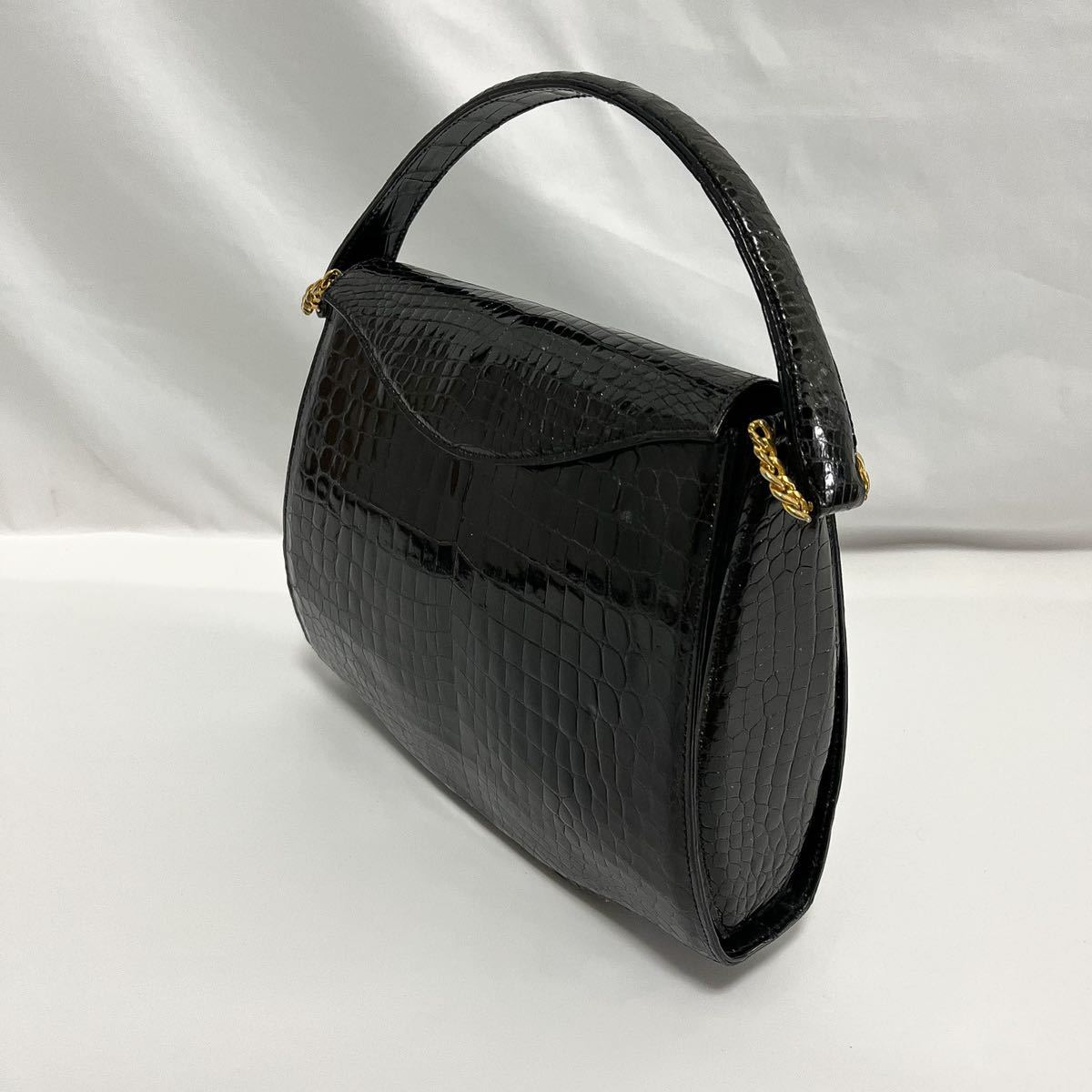 美品 フランス製 クロコダイル ブラック ハンドバッグ 黒 本革