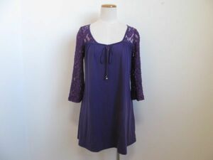 (51147)セシルマクビー　CECIL McBEE　レース　カットソー　チュニック　半端袖　パープル　F　USED