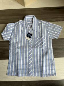  Showa Retro kids fashion short sleeves shirt blouse blue check 130 size about 9 -years old from 10 -years old 