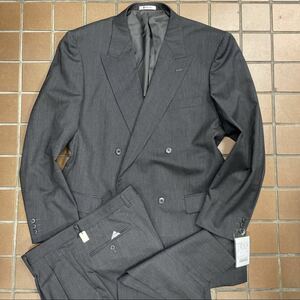 [ with translation ]* extra-large size double-breasted suit / size 4XL AB9/ gray series pinstripe / Sara Sara cloth wool 100%no- Benz 2 tuck * hole have 