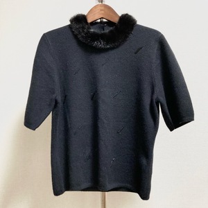 #wnc ハナエモリ HANAEMORI ニット・セーター L 黒 カシミヤ 半袖 ビーズ ミンクファー付き レディース [677653]