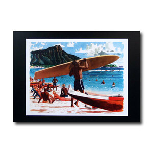 ハワイアンポスター サーフィンシリーズ N-18 「ボードを担ぐサーファー」 サイズ：21.5×28.5cm