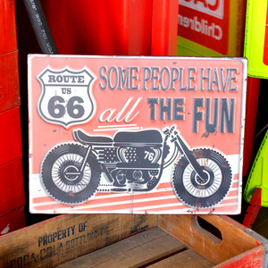 アンティークエンボスプレート「Route 66 Motorbike」（RECTサイン）　／ブリキ製看板／ティンサイン／