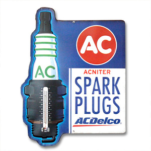 サーモメーター付き　ダイカットメタルサイン　「AC DELCO SPARK PLUG」（ACデルコ）　／温度計／