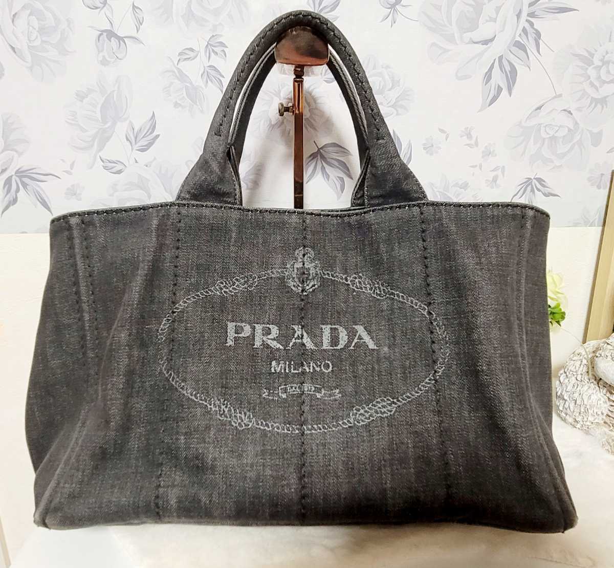 PRADA プラダ カナパ トート ハンドバッグ デニム 三角プレート M