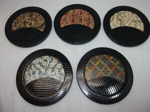 USED品　漆塗り 風　茶托 　茶器 食器 ５種柄　５枚組 箱無し 