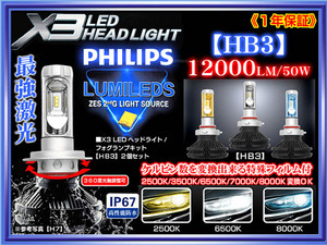 ダイハツ車/X3【HB3】最新版LEDヘッドライト/フォグランプ1年保証/12000LM.6500K/50W/2個12V.24V/フイルム付/PHILIPS車検対応