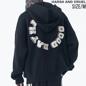 【 HARSH AND CRUEL 】 ユニセックス サガラ ワッペンロゴ ニット パーカー Embroidery PATCH 3D LOGO KNIT HOODIE ブラック Mサイズ