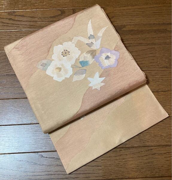 ●正絹 袋帯 fb-308 洒落袋 可愛い♪すくい織 花々模様織出し 長尺 逸品