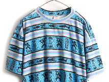 新品 デッドストック 80s 90s USA製 ■ CRAZY SHIRT 総柄 ボーダー プリント 半袖 Tシャツ メンズ L / ネイティブ ビッグシルエット サーフ_画像2