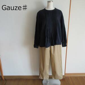 Gauze♯★ガーゼ　ネイビー　コットンリネンピンタックブラウス　G442　