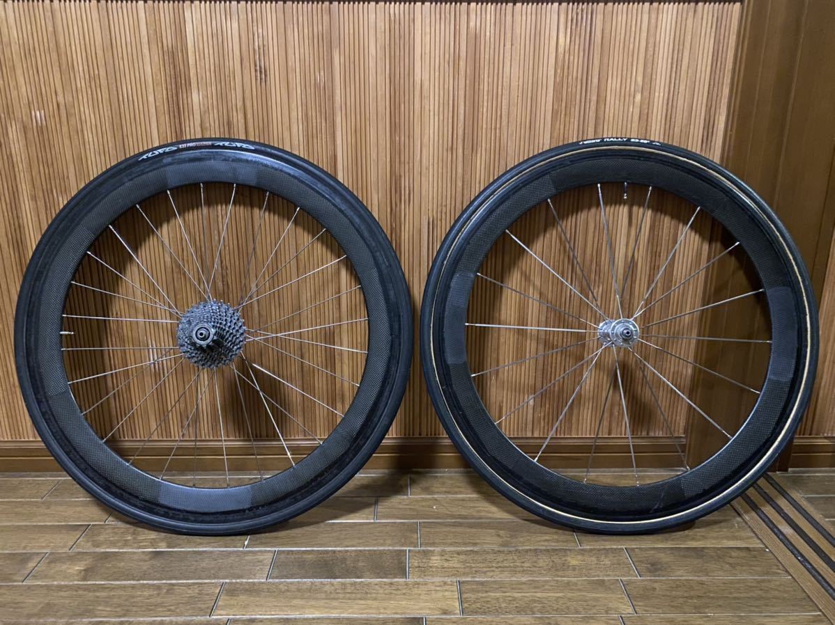 ZIPP 58mmハイト フルカーボン チューブラーホイール デュラエース・TNIハブ TUFO・vittoria RALLY タイヤ、スプロケ付 1660g