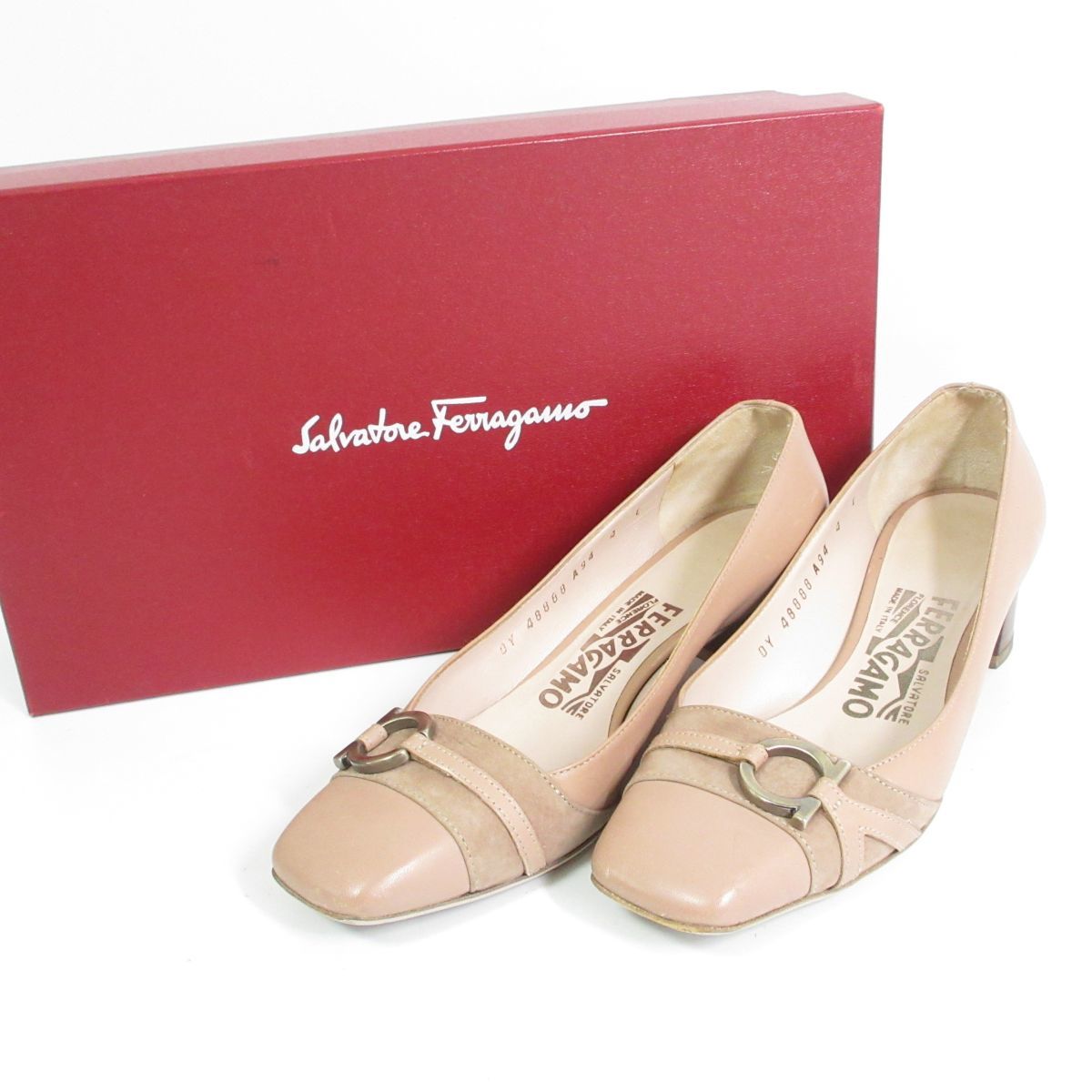 良品 Salvatore Ferragamo サルヴァトーレフェラガモ レザー ガンチーニ スクエアトゥ パンプス 4 約21cm ピンクベージュ 103