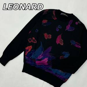 【LEONARD】レオナール フェザー柄 クルーネック ウール シルク ニット セーター 薄手 黒 ブラック